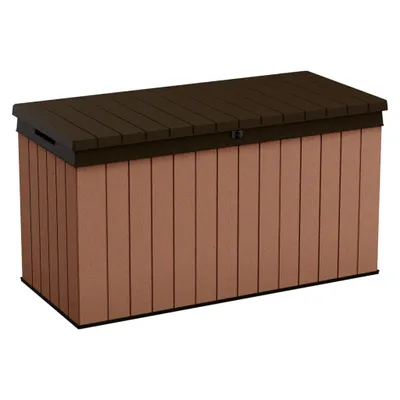 A brown outdoor storage box with a dark brown lid, shown against a white background.