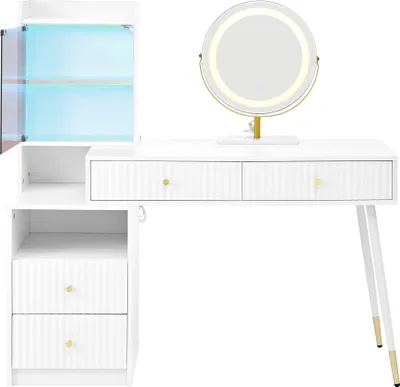 Produktbild von Merax Schminktisch mit Spiegel, LED-Beleuchtung, Einstellbare Helligkeit, 4 Schubladen, Offenes Fach, Glastür mit LED-Licht, Kosmetiktisch, Weiß