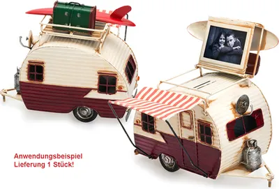 Produktbild von Wohnwagen aus Metall rot 23 cm mit Bilderrahmen und Spardose Vintage Camper