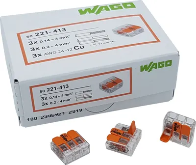 Produktbild von 100 Stück Wago 221-413 Verbindungsklemme 3 Leiter mit Betätigungshebel 0,2-4 qmm kleine Bauform, transparent