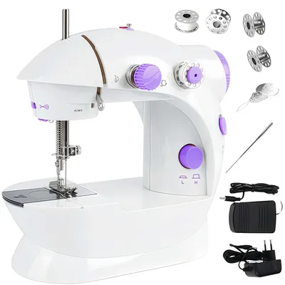 A white and purple mini sewing machine with accessories displayed on a white background.