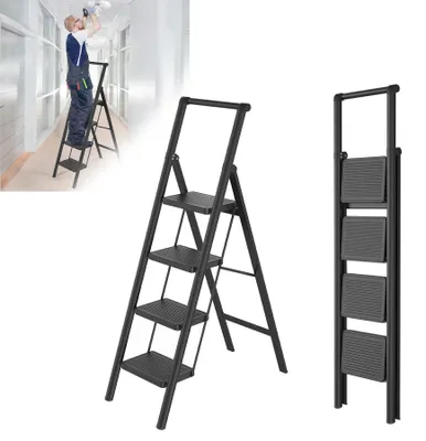 Produktbild von ROSEJANE Klappbare Trittleiter 4 Stufen mit Handlauf, rutschfeste Stehleiter aus Metall bis 150 kg, für Haushalt, Küche, Büro und Garten
