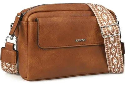 Productafbeelding van Damesschoudertas van Polyurethanleer, kleur caramel, afmetingen 22x6,5x17 cm, met brede schouderband