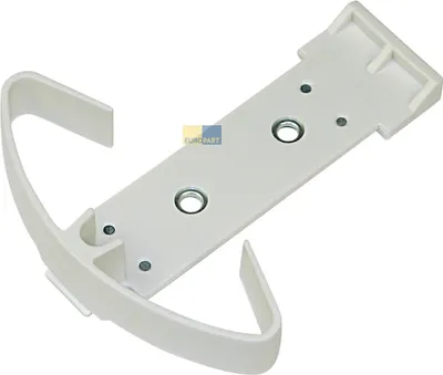 A white plastic component with metal fastenings on a white background.
