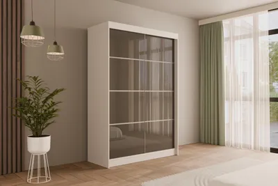 Produktbild von ALTDECOR Kleiderschrank mit Lacobel-Schiebetüren, kugelgelagerte Führungsschienen und Aluminium-Leisten - PEKA3 - 120 cm Weiß / Grau