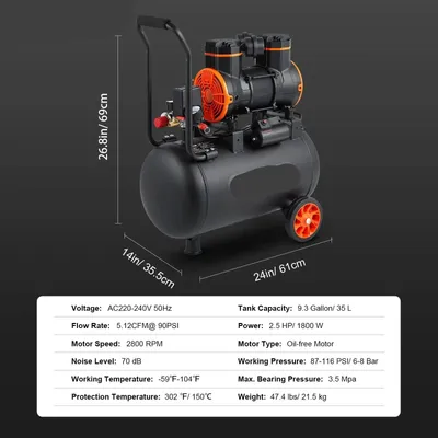 Productafbeelding van Stille Olievrije Luchtcompressor - Luchtcompressor - Luchtcompressor Bandenpomp - 70dB Geluidsarm - 9,3 Gallon