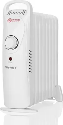A white oil-filled radiator is shown against a white background.