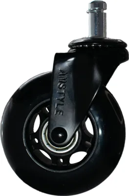 A single black caster wheel with a metal stem.