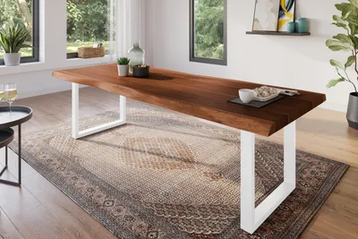 Produktbild von Esstisch 260 x 100 cm Akazie massiv nussbaum Baumkantentisch U-Gestell weiß ATLAS