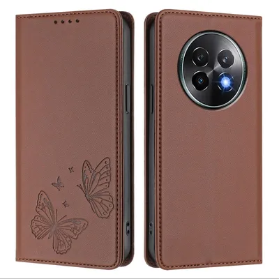 Produktbild von Lederhülle für Realme 13+ 5G, Schmetterling Prägung Leder Brieftasche Schutzhülle mit Ständer Braun