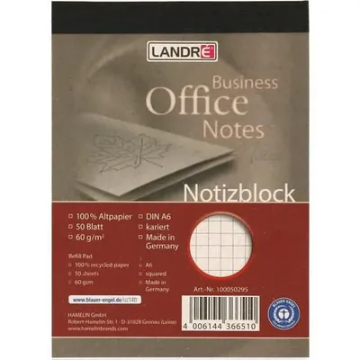 Zdjęcie produktu dla LANDRÉ® 100050295 LANDRÉ® Notizblock Notizblock Recycling  DIN A6 kariert
