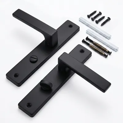 Produktbild von Relaxdays Türgriff Set, Zimmertür, Türbeschläge WC & Bad, mit Feder, HB: 23,5x13,5 cm, Langschild, Metall, matt-schwarz