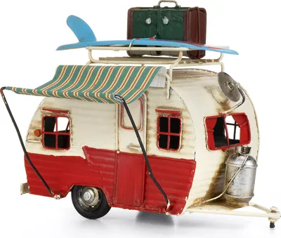 Image de Décoration en tôle Caravane rouge blanc bagages Rétro Camper voiture Oldtimer Nostalgie pièce de collection