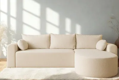 Zdjęcie produktu dla NOWOSĆ! Narożnik GLOW 258x175cm z funkcją spania, w cenie pojemnik, 3 duże poduszki oparciowe + dwie boczne, tkanina wodoodporna, Monolith welur