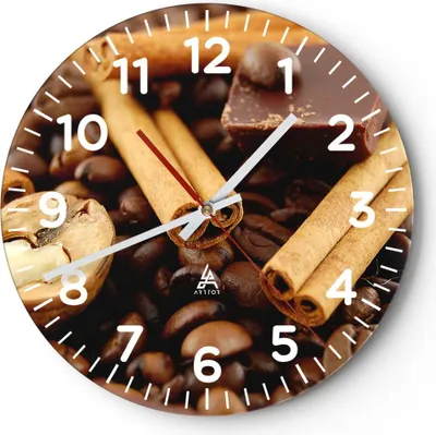 Produktbild von Wanduhr - Rund - Glasuhr - Gerösteter Kaffee Aroma Schokolade - 30x30cm - Schleichendes Uhrwerk - Lautlos - zum Aufhängen bereit - Dekoration Modern - Wanddekoration aus Glas - C4AR30x30-0394