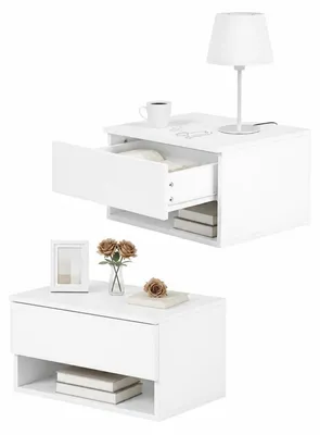 Image de Table de chevet suspendue, lot de 2, étagère murale flottante avec tiroir, 40x30x22,5 cm, blanche