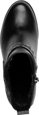 A top-down view of a black leather boot.
