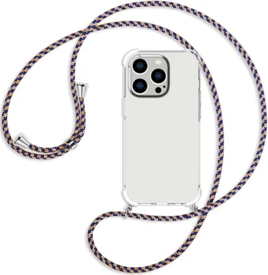 Produktbild von Handykette Backcover-Schutzhülle mit Band (Metall silberfarben) für Apple iPhone 14 Pro (6.1'') - blau+beige