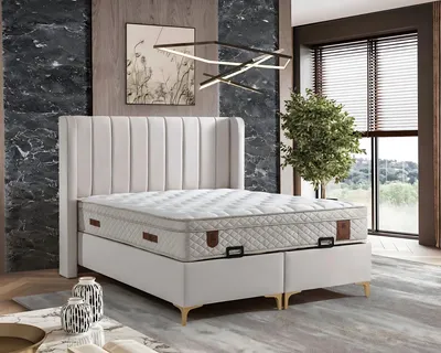 Zdjęcie produktu dla Eleganckie łóżko z materacem tekstylnym w kolorze beżowym
