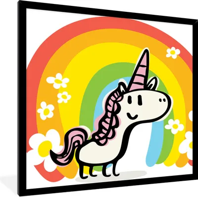 Produktbild von MuchoWow® Gerahmtes Poster Eine Illustration eines Einhorns mit einem Regenbogen - Mädchen - Kinder - Kinder 40x40 cm - Poster mit Schwarzem Bilderrahmen Wandposter Rahmen Foto Bilder - Mit Rahmen - Wanddekoration Schlafzimmer