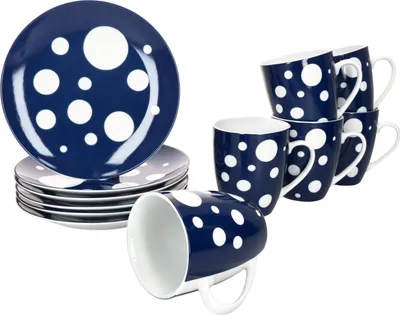 Zdjęcie produktu dla Pula niebieski 12-częściowy zestaw śniadaniowy Porcelanowe talerze w kropki Kubki