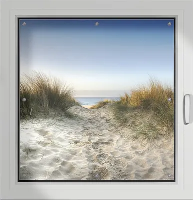 Produktbild von Wallario Lichtschutzbild, Dekorativer Sichtschutz Sonnenschutz 96 x 93 cm mit Motiv: Weg durch die Dünen zum Strand am Meer - Verdunklung ohne Bohren