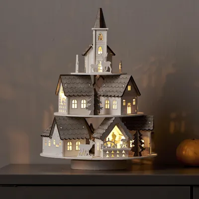 Produktbild von LED Weihnachtsdorf Grauberg mit Spieluhr Timer Batterie Holz 29cm