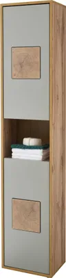 Produktbild von GREECE Badezimmer Hochschrank in Basalt, Wotan Eiche Optik mit Hirnholz-Applikationen - Badezimmerschrank Bad Schrank mit viel Stauraum - 40 x 190 x 30 cm (B/H/T)