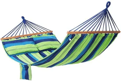 Zdjęcie produktu dla Ibenzoa® Hamak – 210 x 150 cm – bawełna i poliester, udźwig 300 kg, z 2 poduszkami (60 x 40 cm) i 120 cm drewnianych belek, idealny do ogrodu, balkonu i campingów
