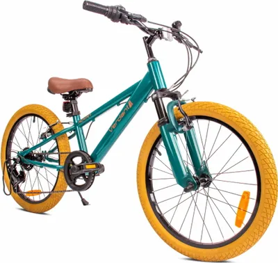 A teal bicycle with yellow tires is shown against a white background.