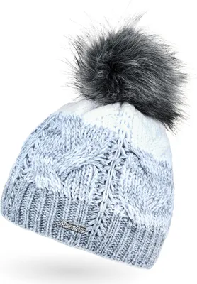 Produktbild von Damen Strick-Mütze gefüttert Fleece-Innenfutter Fell-Bommel Kunstfell Winter-Mütze Bommelmütze Zopfmuster mehrfarbig Neverless® hellblau-weiß