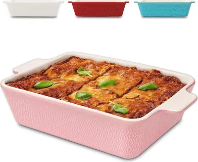 Produktbild von Auflaufform Groß aus Keramik - Für Lasagne, Tiramisu & Auflauf - Extra Hoher Rand - Eckig - Rosa