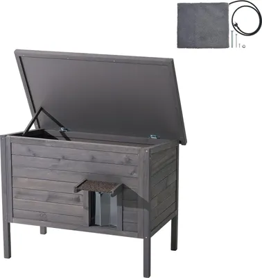 Image de SucceBuy Maison pour chats d'extérieur 870 x 535 x 690 mm, niche pour chats en bois avec design résistant à l'hiver, coussin chauffant de 30 W, porte rabattable en PVC et toit en asphalte, abri idéal pour 1 à 3 chats pendant la saison froide.