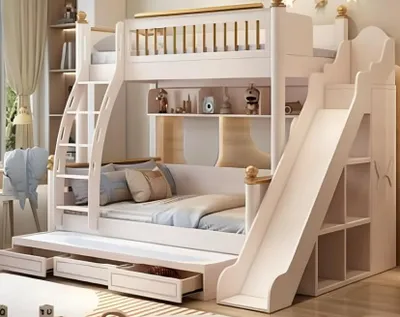 Image de Lit superposé Lit d'enfant en bois blanc avec toboggan Lit superposé