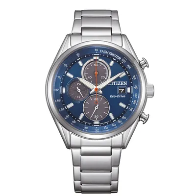 A close-up studio shot of a Citizen Eco-Drive chronograph watch with a blue dial and silver metal band, presented on a white background.