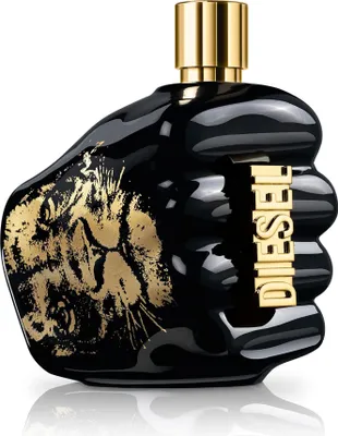 A black and gold Diesel fragrance bottle with a lion design.