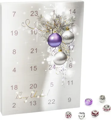 Produktbild von VALIOSA Merry Christmas Mode-Schmuck Adventskalender mit Halskette, Armband + 22 individuelle Perlen-Anhänger aus Glas & Metall, das besondere Geschenk für Mädchen & Frauen, lila, 24-teilig (1 Set)
