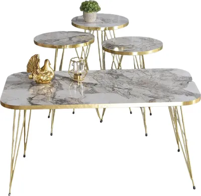 Produktbild von Luxus Couchtisch Set 4-Teilig Marmor Design Schwarz Weiß Beistelltisch Sofatisch: Weiß Gold