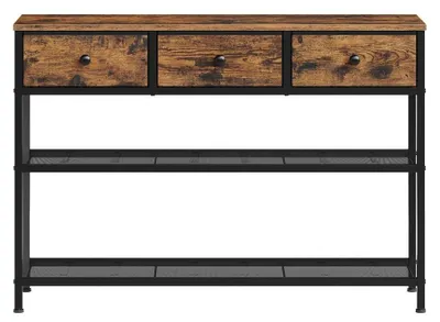 Image de Table de console, table d'appoint avec 3 tiroirs en tissu | Marron | 98,8 x 30 x 78,7 cm