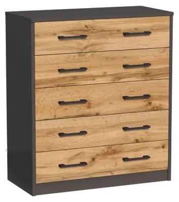 Image de Commode 5 tiroirs finition mate, commode 74cm de large armoire bois commode à tiroirs sideboard buffet chêne graphite
