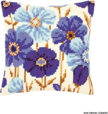 Produktbild von Kreuzstich-Kissen-Set Anemonen in Blau - Stickbild vorgezeichnet