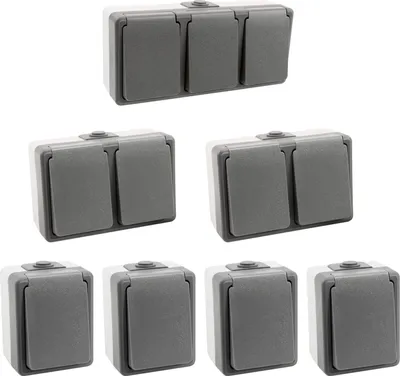 Produktbild von 7 teiliges Feuchtraum Steckdosen Set IP44 Aufputz 1-fach 2-fach 3-fach Steckdose Secure