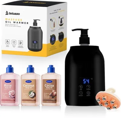 Productafbeelding van Bolusso Massage Olie Verwarmer - 3x Body Oil: Roos, Cacao, Kokosnoot - 2x Dispensers (250ml) - 1x Massage Tool - 30 Tot 65 Graden - Massageolie Verwarmer - Guasha - Erotische Massage - Voor Cremes, Body Oil En Lotions