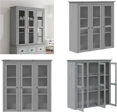 Produktbild von vidaXL Vitrinenschrank mit Glastüren BODO Grau Massivholz Kiefer - Vitrinenschrank - Vitrinenschränke - Schrank Mit Glastüren - Walisische Kommode