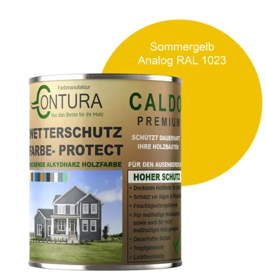 Produktbild von Contura 1Liter Wetterschutzfarbe Holz Dauerschutzfarbe Deckend Buntlack Holzfarbe Holzlasur Seidenmatt - Sommergelb - RAL1023 Analog