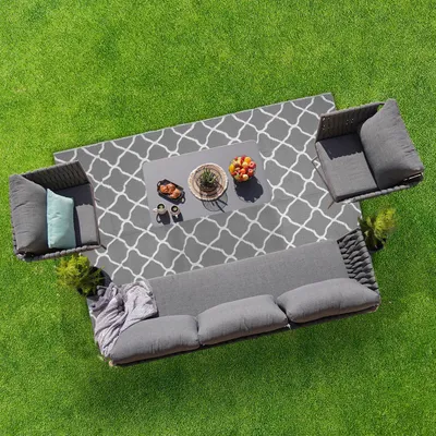 Produktbild von LifeGoods Outdoor Teppich - 152x230CM - Außenteppich - Gartenteppich - Balkonteppich - Wendbar - Inkl. Tragetasche - Mit Muster - Grau/Weiß