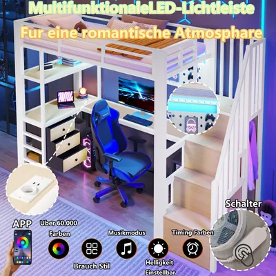 Immagine prodotto di okwish, letto a soppalco 90x200 con scrivania e cassetto, letto per adolescenti con illuminazione LED e presa di corrente, letto singolo con parete forata, bianco, senza materasso