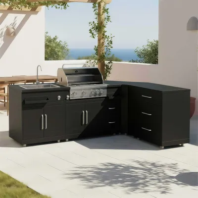 Image de Cuisine extérieure acier 4 éléments avec barbecue - Oviala Memphis