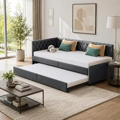 Produktbild von Tagesbett 90x200 cm mit Ausziehbett, Schlafsofa mit 2 Einzelbetten und Lattenrost, platzsparendes Gästebett für Jugendzimmer und Gästezimmer, Grau, Samt.