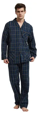 Produktbild von Herren-Pyjama-Set – 100 % Baumwolle, lange Ärmel, V-Ausschnitt, blaues Karomuster